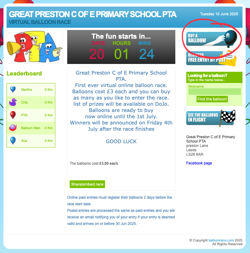 Auto-generated description: A virtual balloon race event page with a countdown timer, leaderboard, and options to buy a balloon and see balloons in flight.