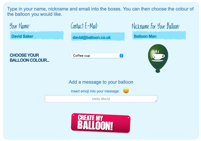 Auto-generated description: A form for creating a customizable balloon with fields for name, email, nickname, balloon color, and a message.