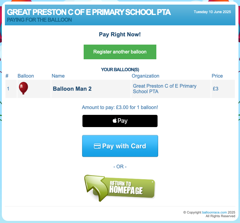 Auto-generated description: A webpage displaying a payment interface for purchasing a balloon from Great Preston C of E Primary School PTA, with options for paying by Apple Pay or card.