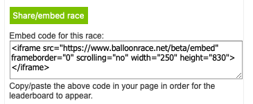 Auto-generated description: A section of a webpage provides an HTML embed code for a balloon race.