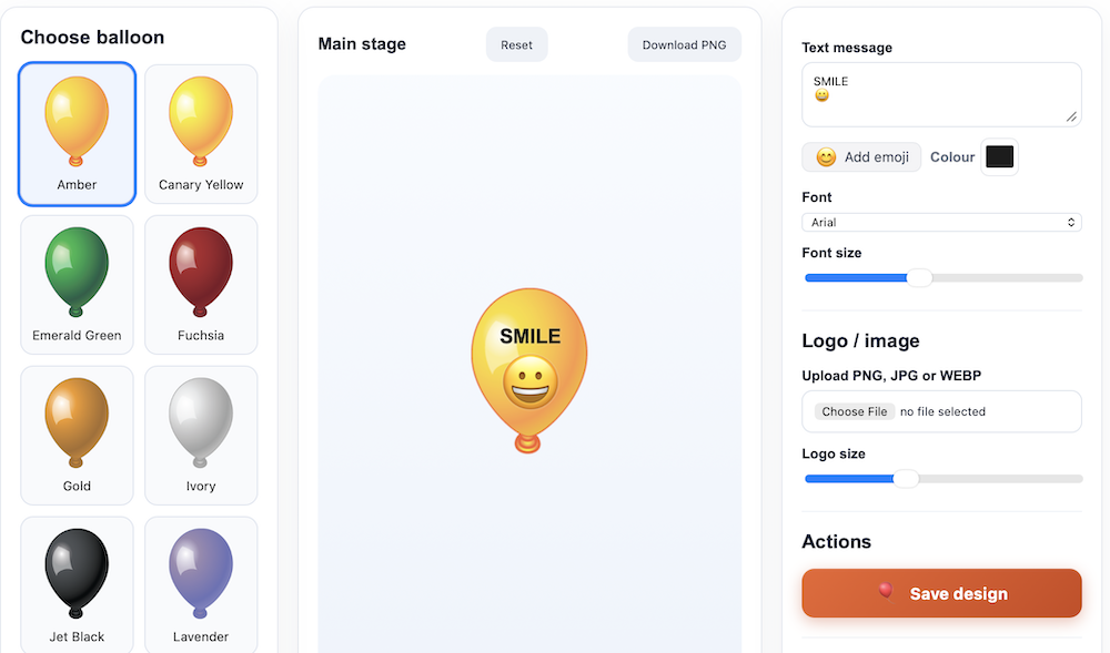 Auto-generated description: A digital design interface displays a customizable balloon with the word SMILE and a smiley face, alongside options for choosing balloon color, font, and uploading logos.