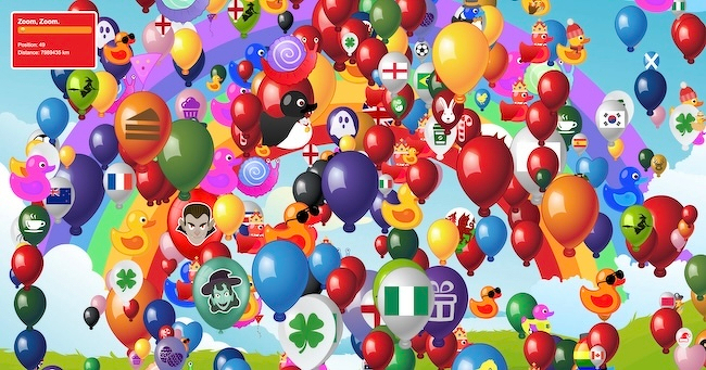 Auto-generated description: A colorful scene filled with various balloons, some featuring flags, icons, and cartoon designs, set against a cheerful sky with rainbows.