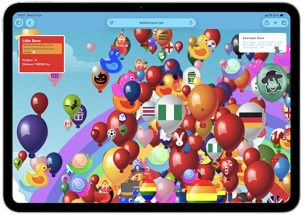 Auto-generated description: A colorful digital scene features numerous hot air balloons with various designs and flags, set against a blue sky with clouds and a rainbow backdrop.