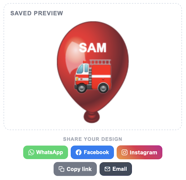 Auto-generated description: A red balloon features a fire truck graphic and the name SAM on it.